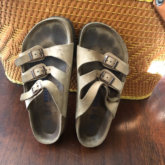 Birkenstock Shoes - Birkenstock Florida Soft Footbed Tan Leather Sandal Slides